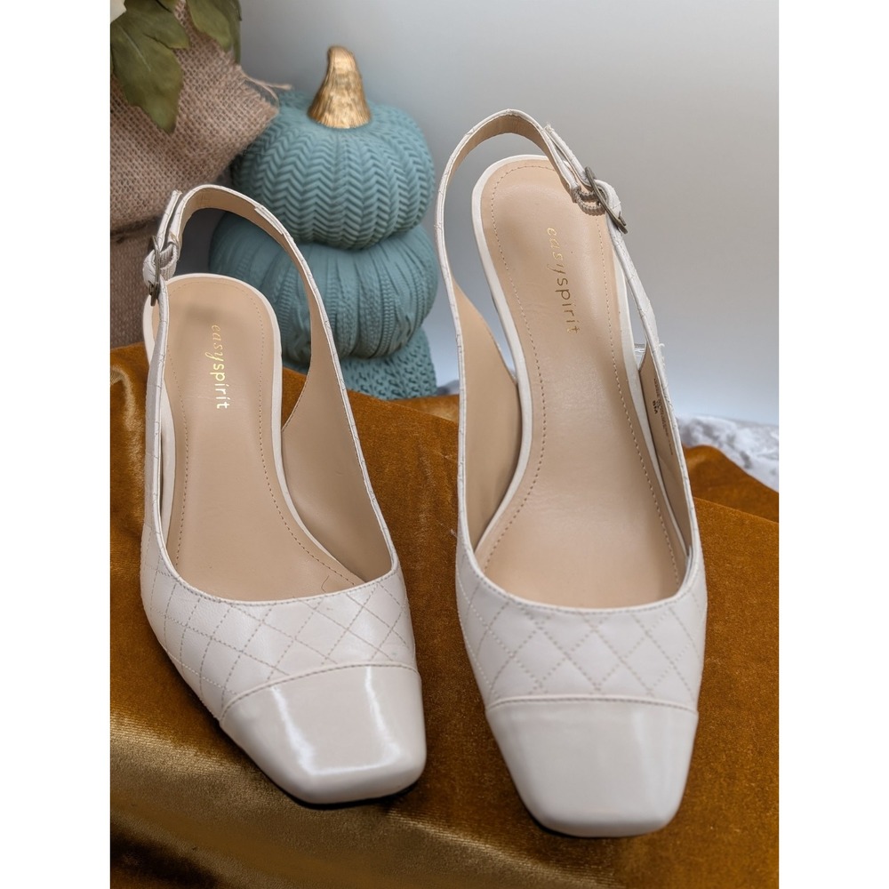 Easy Spirit Quints White Quilted Slingback Kitten Heels Cap Toe Shoes Pumps 8M